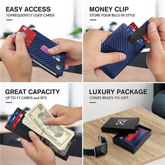 Slim Card Holder Wallet for Men with Money Clip (Carbon Fiber & Blue) - Picture 3 of 6